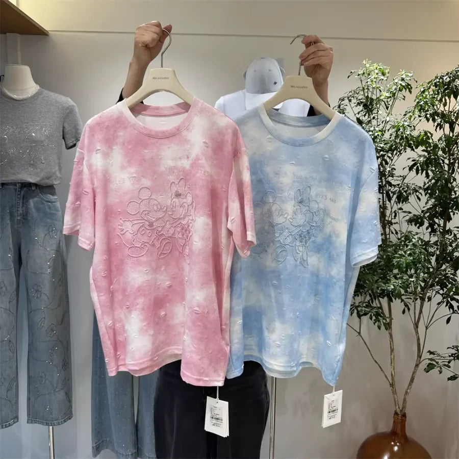 A139 - 2026 New Tie-Dye Cotton T-Shirt: Mickey Mouse Embroidery, Distressed Holes, and Hand-stitched Beadwork Flowers