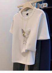 VINESU 🎀Beaded bow-decorated short-sleeved T-shirt