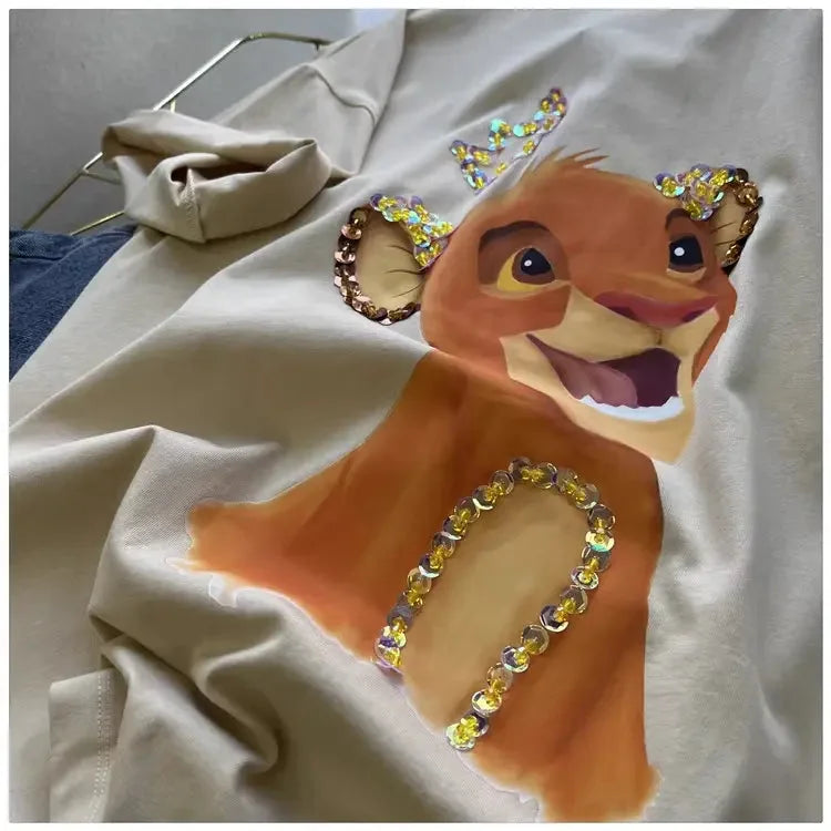 220g Cotton Simba Graphic Tee - Gold Sequin Crown & Ear Embellishments - Unisex