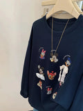 VINESU Navy Blue Vibe! Cartoon Printed Long-Sleeve T-Shirt with Style