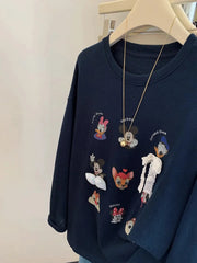 VINESU Navy Blue Vibe! Cartoon Printed Long-Sleeve T-Shirt with Style