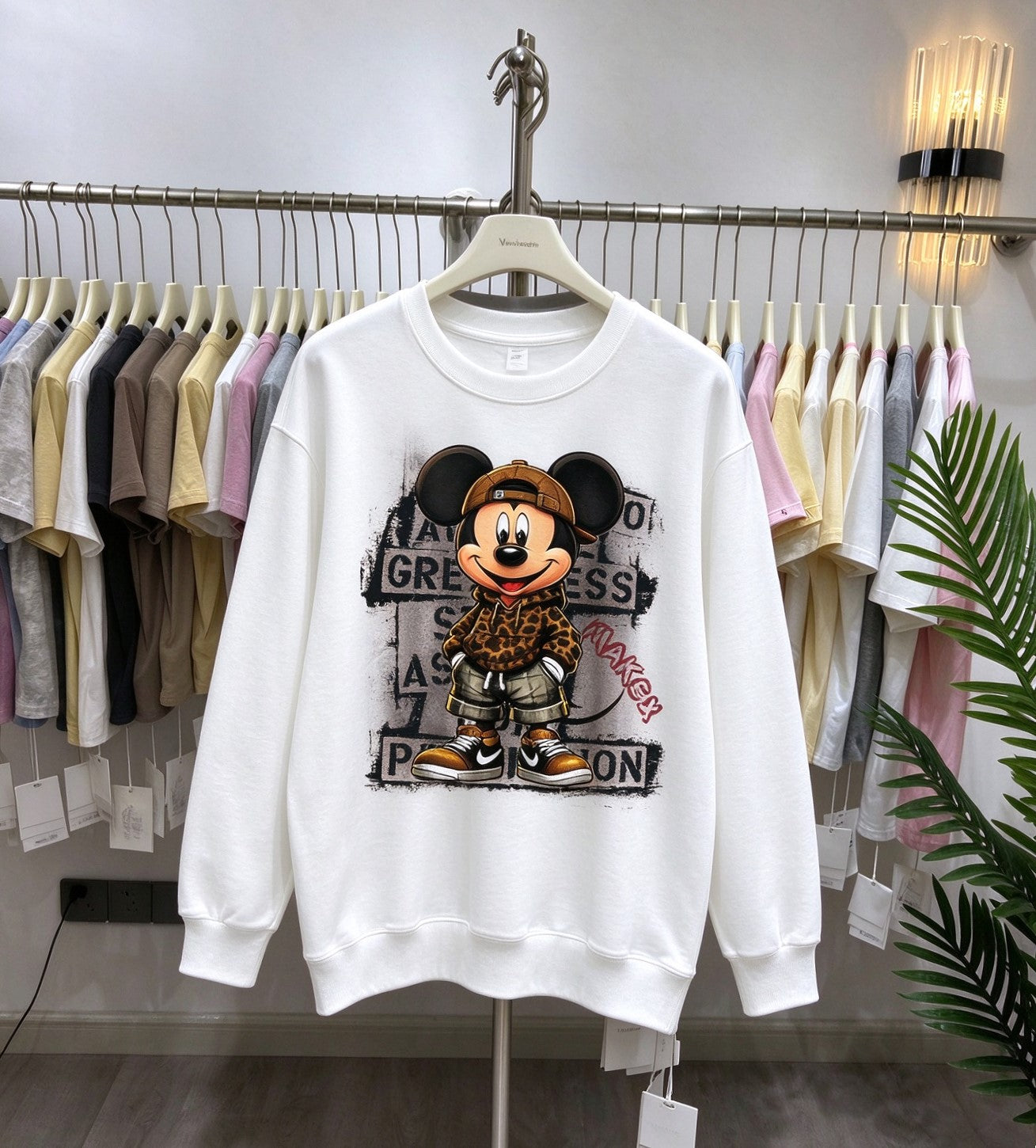 Leopard Street Mickey Graphic Cotton Sweatshirt | Casual Crewneck Pullover