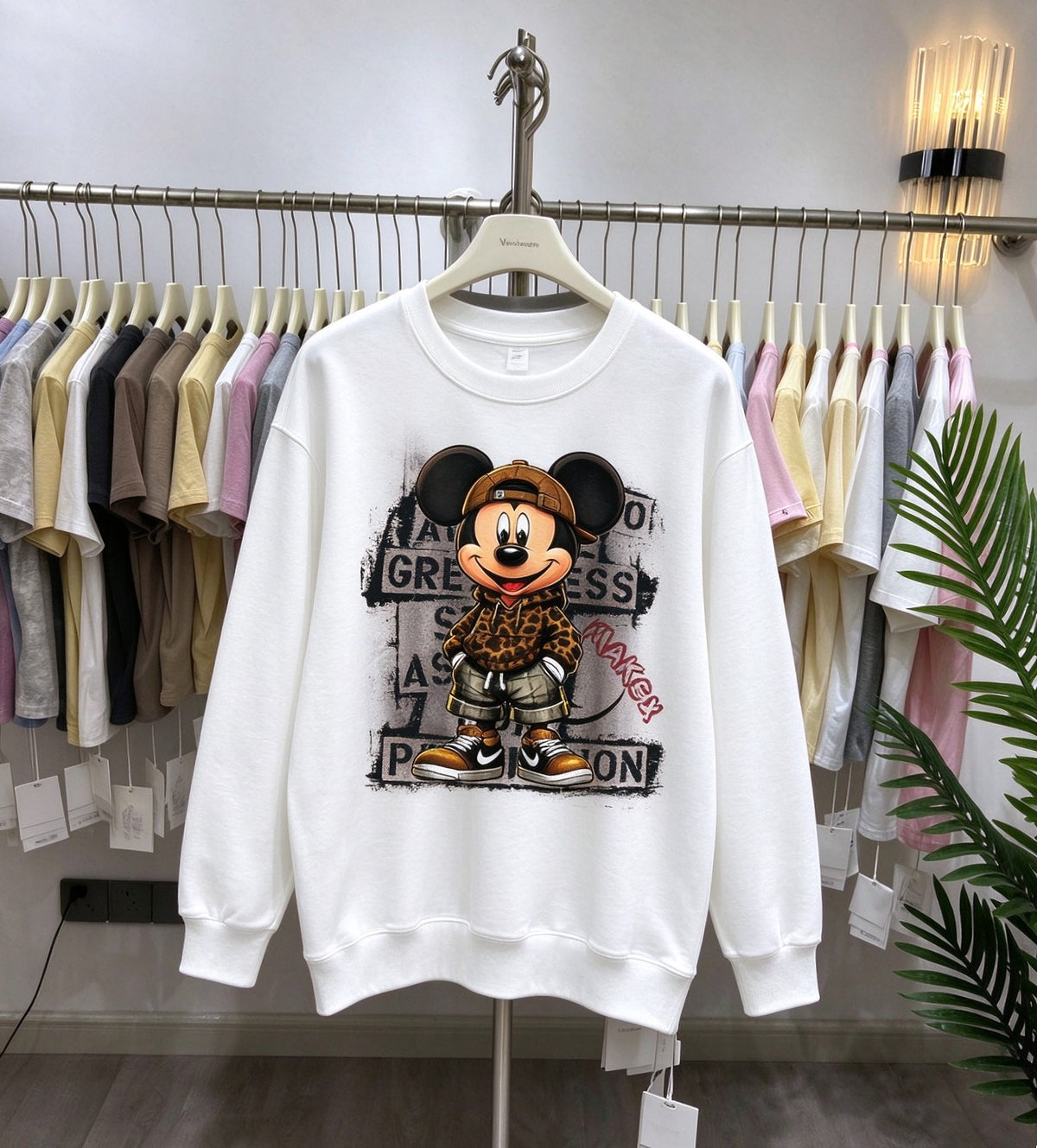 Leopard Street Mickey Graphic Cotton Sweatshirt | Casual Crewneck Pullover