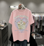 A259 - Good Partner Cat Graphic T-Shirt | 220G Heavy Cotton Tee with 3D Appliqué Details & Handmade Beaded Embroidery