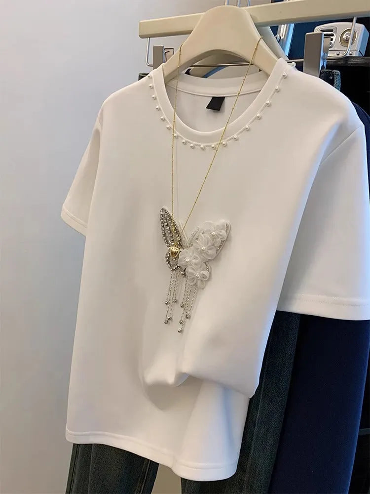 VINESU 🎀Beaded bow-decorated short-sleeved T-shirt
