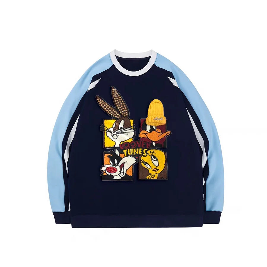 VINESU Looney Tunes 3D Accent Color-Block Sleeve Crewneck Sweatshirt | Retro Streetwear Casual Top