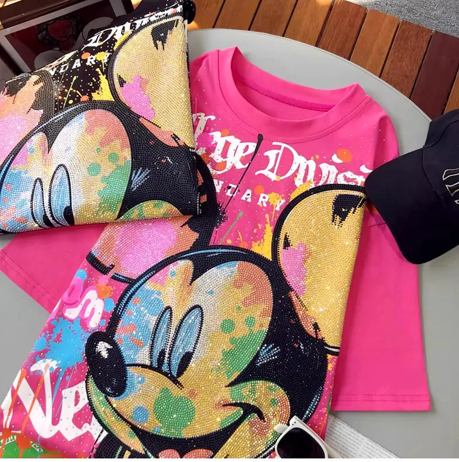 VINESU MK06 - Full Rhinestone Graffiti Mickey Oversized Cotton Tee