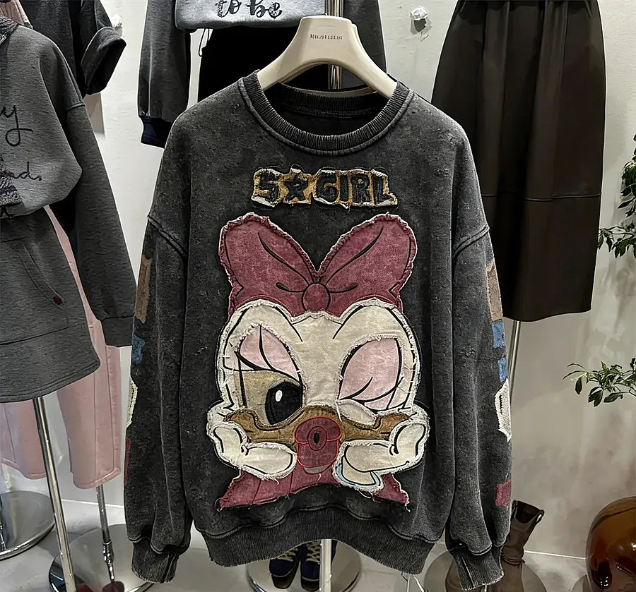 VINESU Y201 Vintage Washed Patchwork Sweatshirt - Heavy Detail Graphic Top