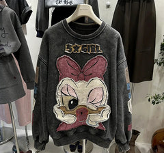VINESU Y201 Vintage Washed Patchwork Sweatshirt - Heavy Detail Graphic Top