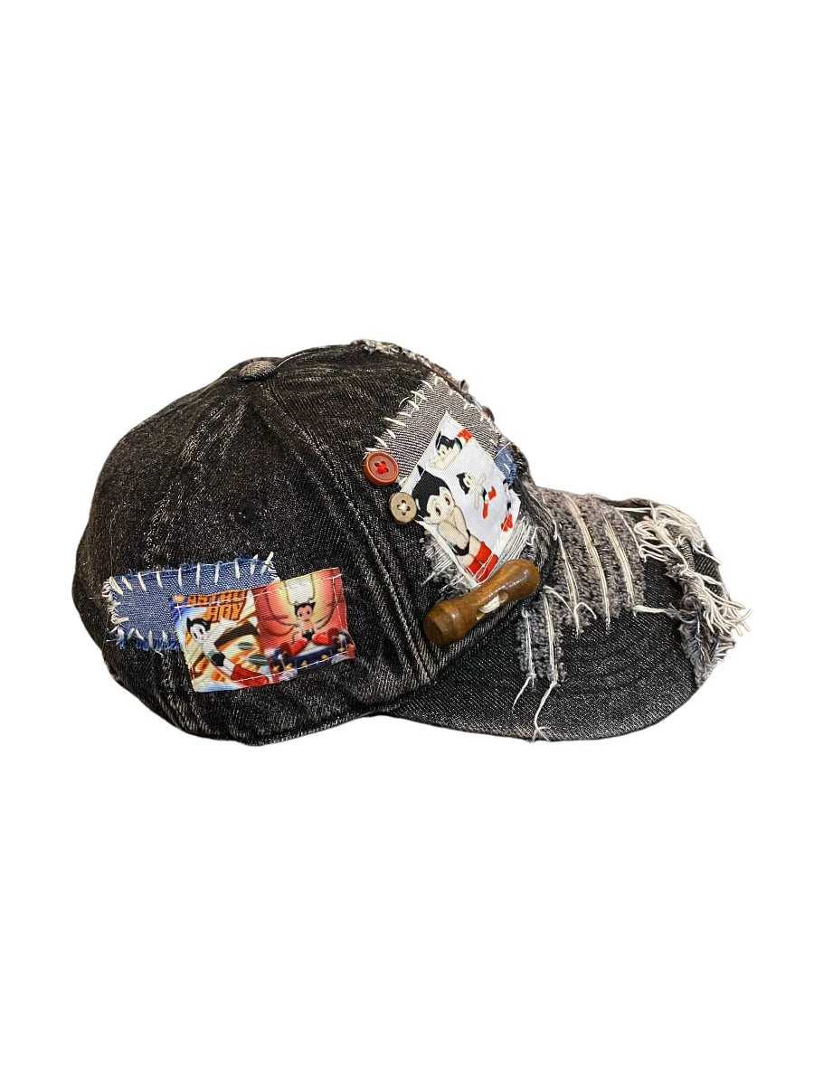 Vinesu H10 - Handmade Reworked Astro Boy Patchwork Cap | One-of-a-Kind Distressed Animation Hat ❤Black
