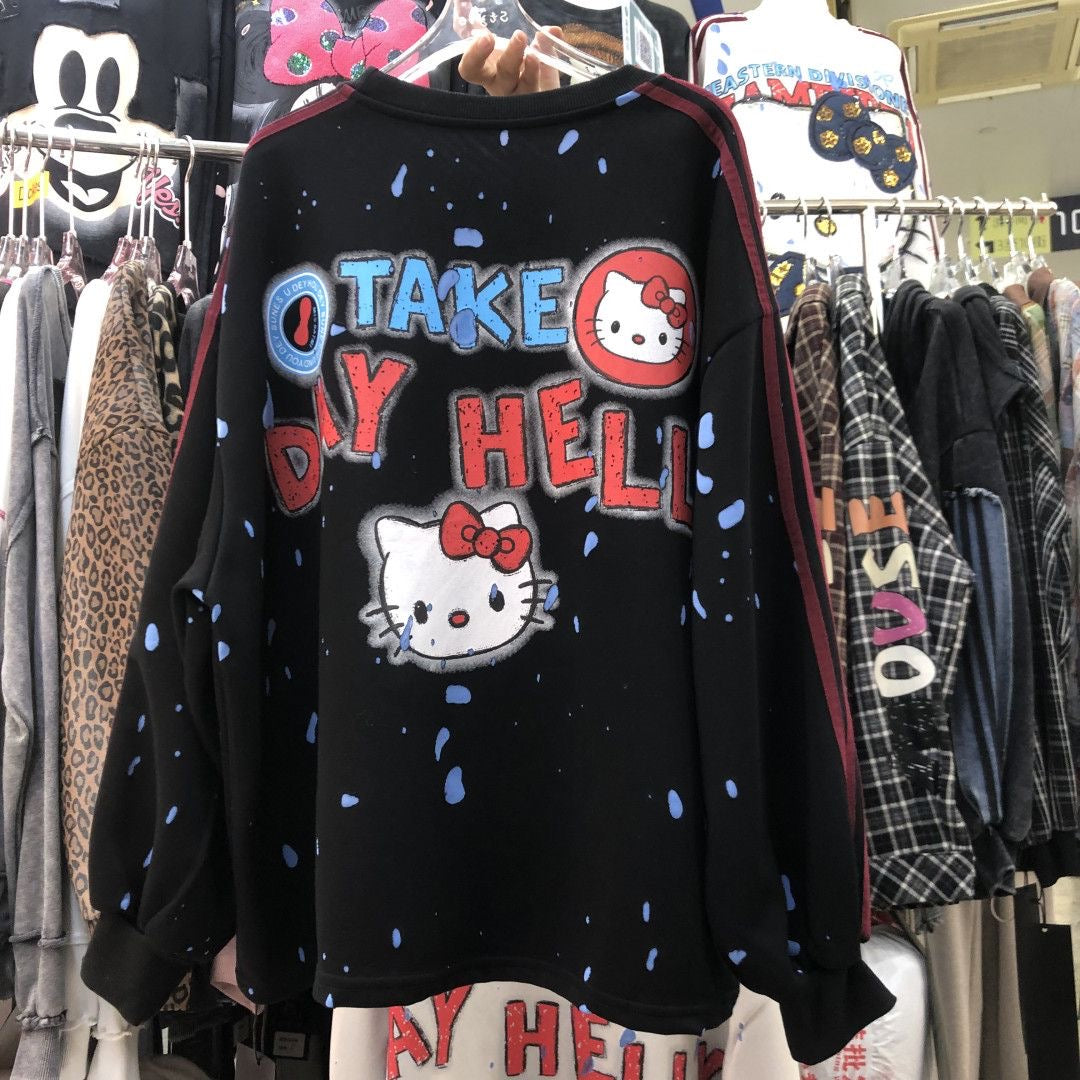 Sequin Embroidered HELLOKITTY Character Lightweight Sweatshirt – Double Side Graphic Crewneck