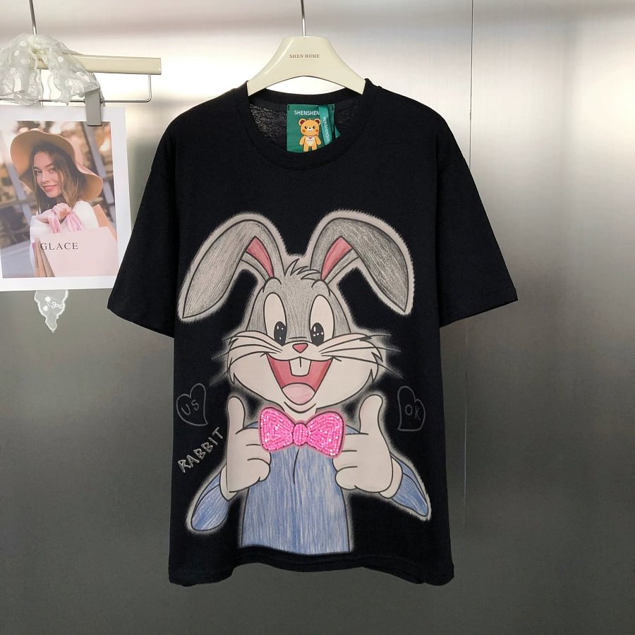 VINESU Bugs Bunny with Beaded - Cute Rabbit Graphic Tee