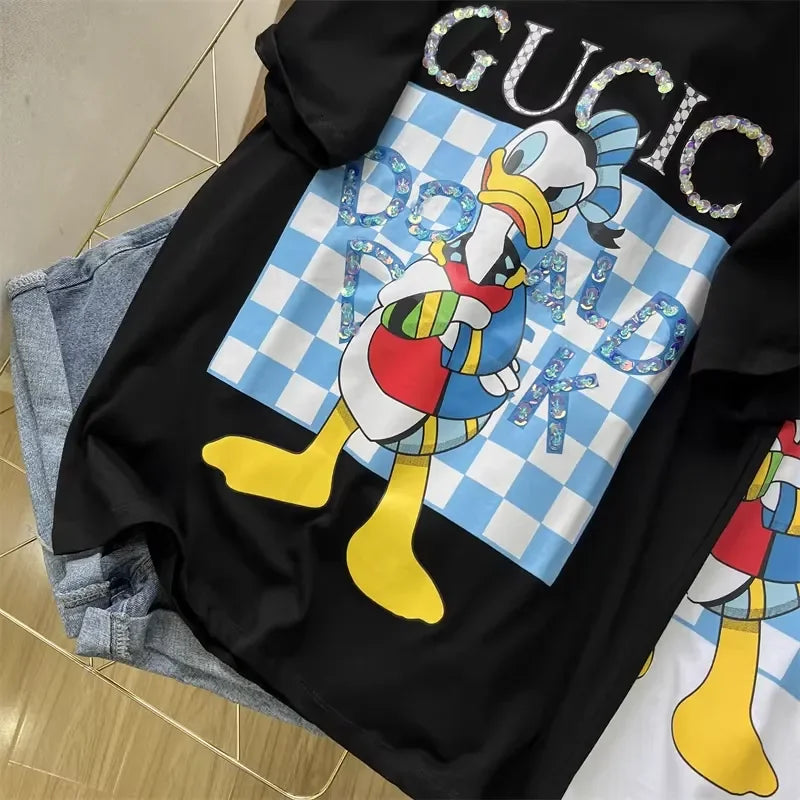 A99 - Luxury Sparkling Donald Duck Sequin Graphic T-Shirt - 220g Premium Breathable Cotton - Hand-Embellished Crystal Bead Embroidery