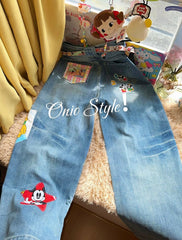 Vinesu A58 - Handmade Retro Mickey Patchwork Wide-Leg Jeans | 90s Nostalgia Custom Denim (No Belt Included)
