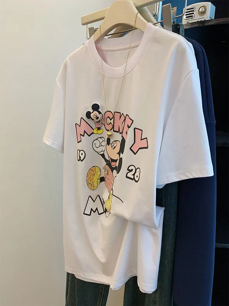 100% Cotton Mickey Mouse T-Shirt | Sequins + 3D Plush Padding + Chunky Diamond Gems