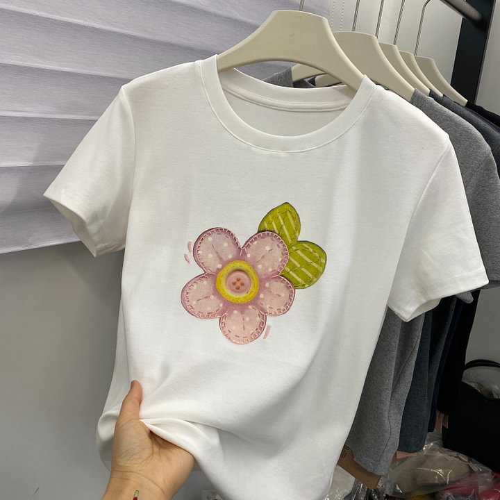 A187 - Embroidered Floral Graphic Tee - Hand-Finished Wildflower Detail - 220g Premium Heavyweight Cotton