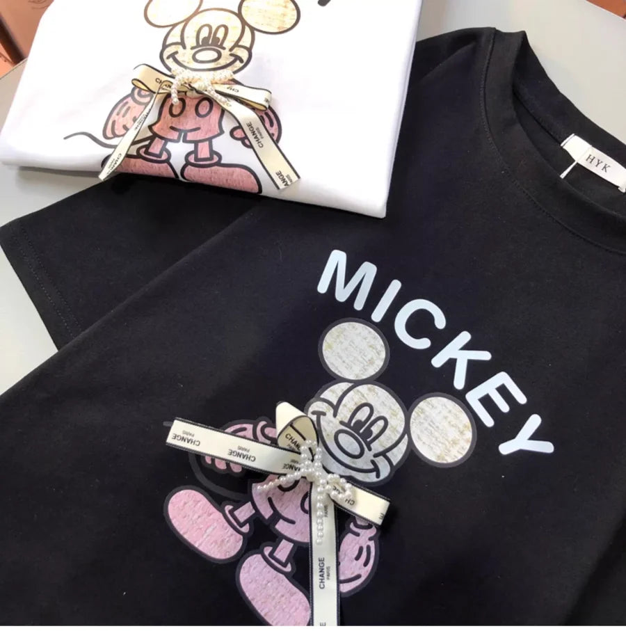 A143 - Luxury Handcrafted Pearl Ribbon Mickey T-Shirt - 220g Premium Heavyweight Cotton