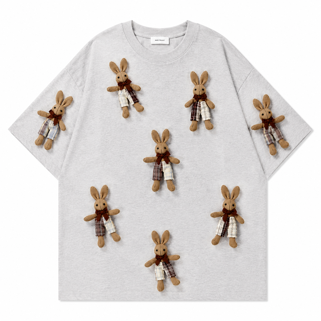 A242 - Handmade 3D Bunny Appliqué Cotton T-Shirt – Soft Artistic Casual Wear