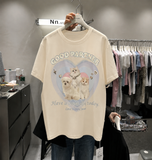 A259 - Good Partner Cat Graphic T-Shirt | 220G Heavy Cotton Tee with 3D Appliqué Details & Handmade Beaded Embroidery
