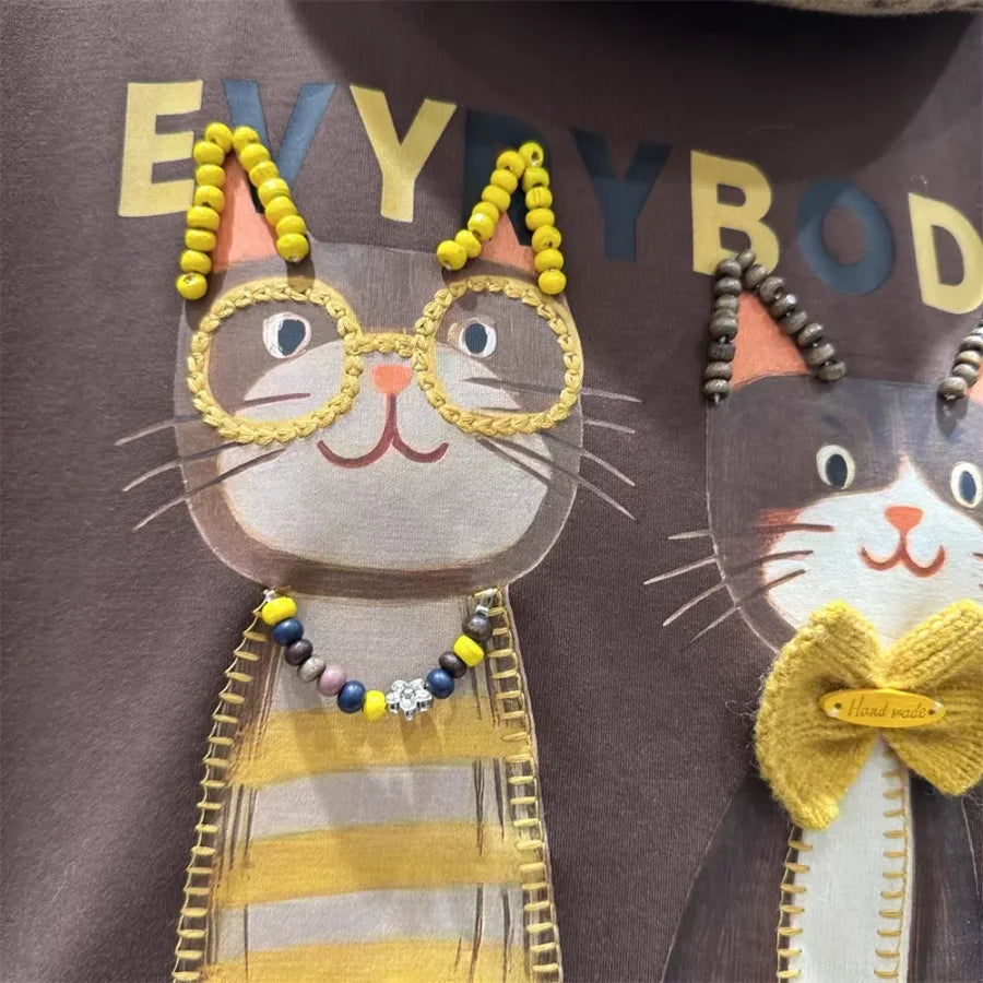 A105 - 220g Heavyweight Cotton Creative 3D Cat Graphic T-Shirt with Handmade Beaded Glasses & Bowtie - Premium Loose Fit Tee