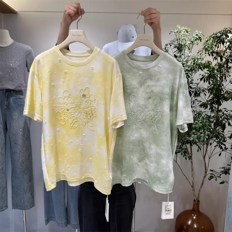 A139 - 2026 New Tie-Dye Cotton T-Shirt: Mickey Mouse Embroidery, Distressed Holes, and Hand-stitched Beadwork Flowers