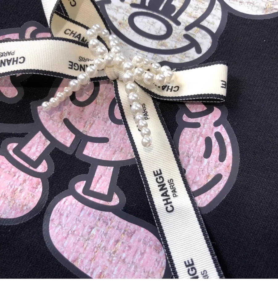 A143 - Luxury Handcrafted Pearl Ribbon Mickey T-Shirt - 220g Premium Heavyweight Cotton