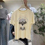 A124 - Wallace & Gromit Schnauzer Graphic T-Shirt - Floral Beret Dog Print Tee with Beaded Embroidery - Y2K Aesthetic Cotton Top
