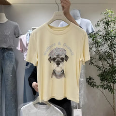 A124 - Wallace & Gromit Schnauzer Graphic T-Shirt - Floral Beret Dog Print Tee with Beaded Embroidery - Y2K Aesthetic Cotton Top