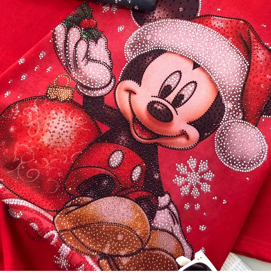 VINESU A08 - New Arrival Christmas Mouse Rhinestone Oversized Tee