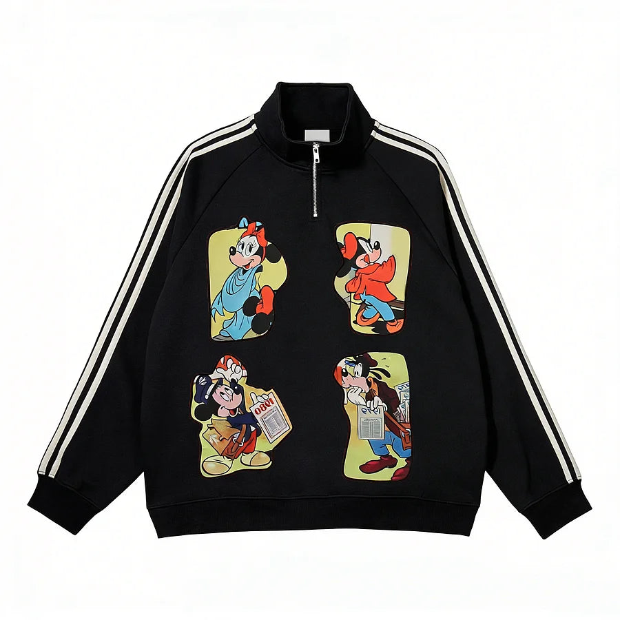 Vinesu A77 - Vintage Mickey-Inspired Half-Zip Sweatshirt | Loose Striped Raglan Top