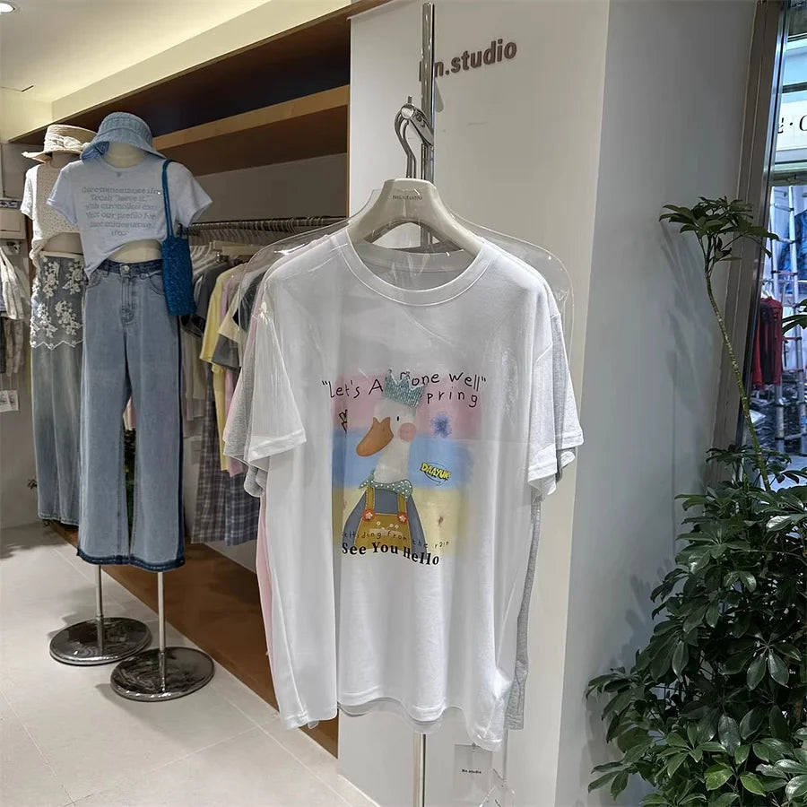 A128 - Premium 220g Cotton Graphic Tee – Cute "See You Hello" Duck with 3D Beaded Crown & Embroidery – Oversized Casual Streetwear