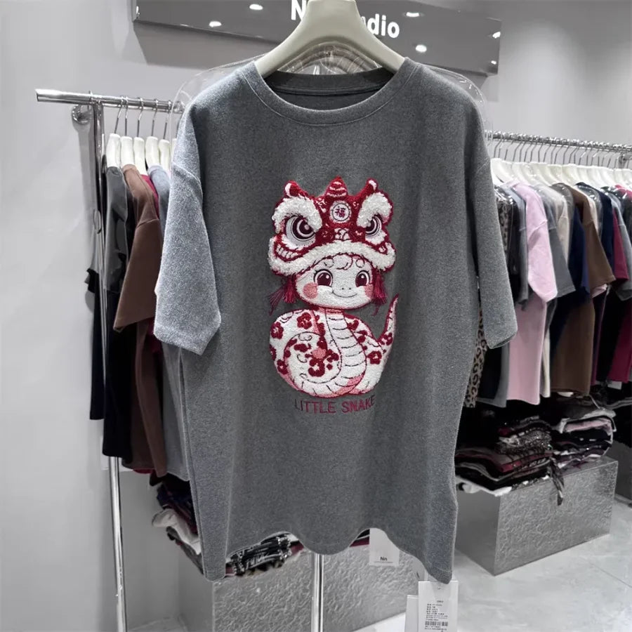 A147 - Premium Heavy Embroidery Oversized Tee - Textured Character Edition