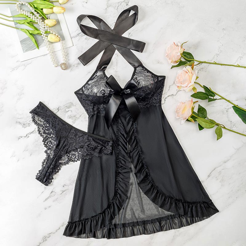 B-26 Lace Bow See-Through Nightdress Babydoll Lingerie