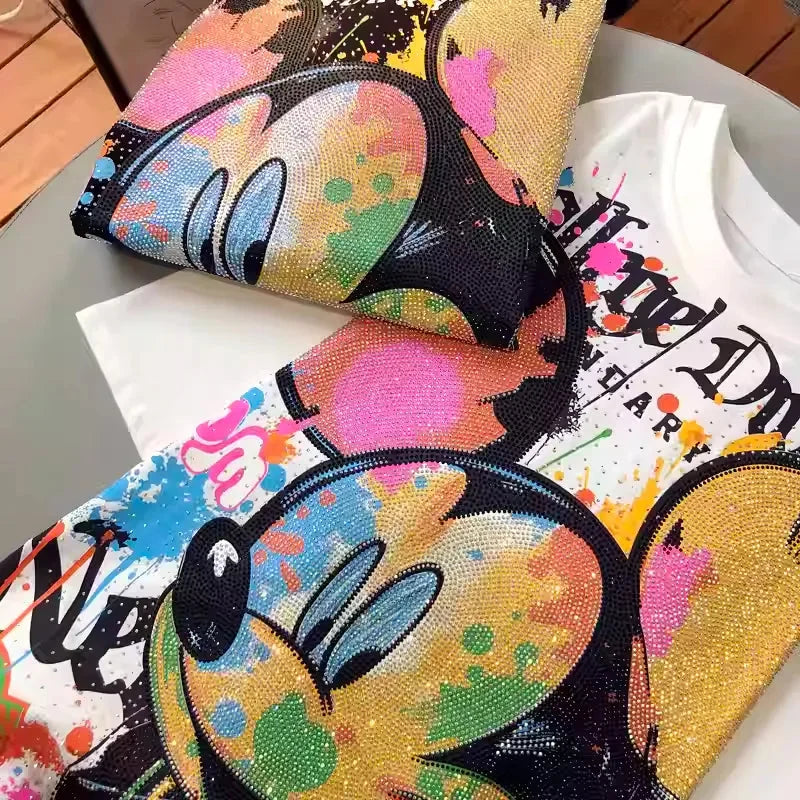 VINESU MK06 - Full Rhinestone Graffiti Mickey Oversized Cotton Tee