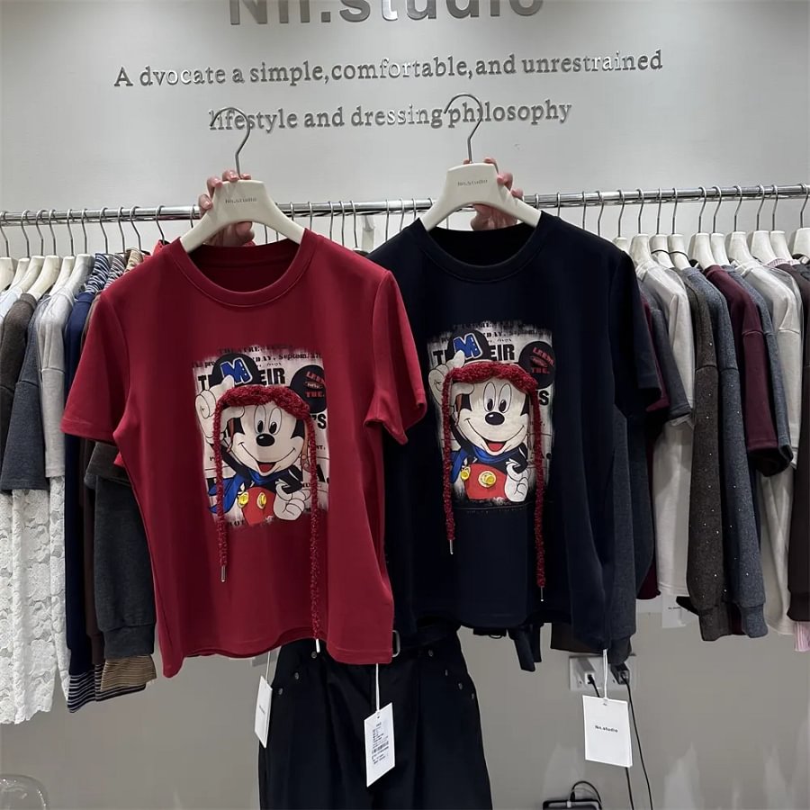VINESU 100% Cotton Tee - 3D Exquisite Ornament - Vintage Retro Cartoon Top