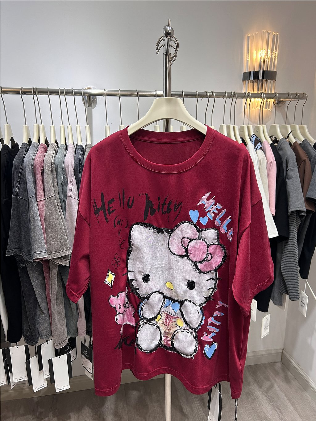 A167 - Hello Kitty Double-Sided Sequin Embroidered T-Shirt - 320g Ultra-Heavyweight Cotton - Oversized Slouchy Fit Luxury Tee