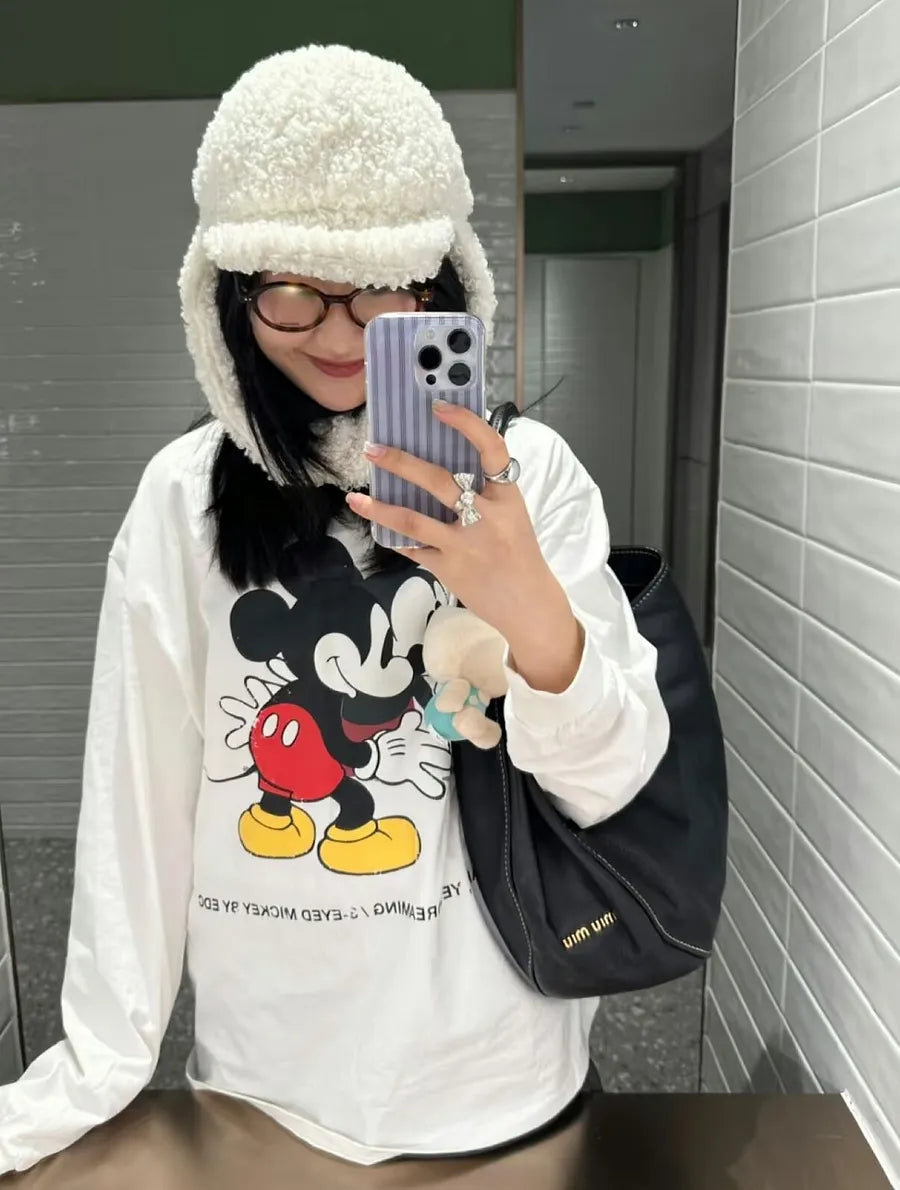 Vinesu A56 - Premium 100% Cotton Long Sleeve Graphic Tee - Cute Cartoon Mouse Print - Loose Fit Spring/Autumn Couple T-shirt in White