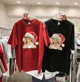 VINESU A03 - Christmas Tiger Pearl & Crystal Embellished 220g Cotton Oversized Tee