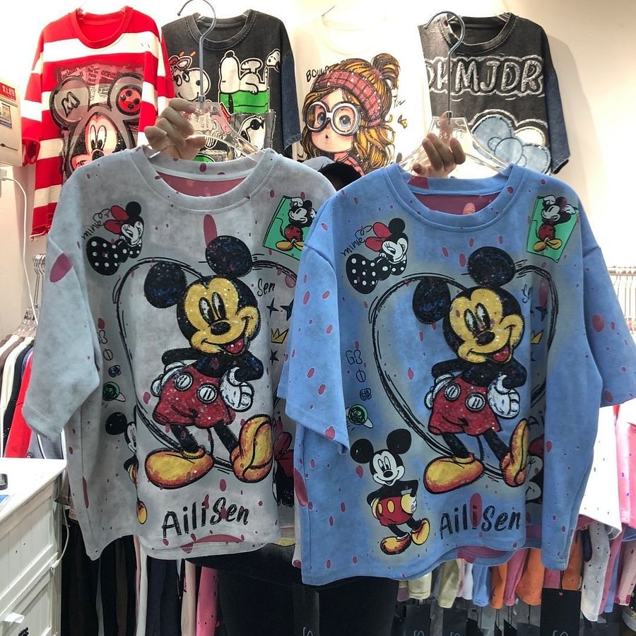 A163 - Mickey Mouse Sequin Cropped Tee - 320g Ultra-Heavyweight Premium Cotton - Boxy Fit Short Graphic T-Shirt