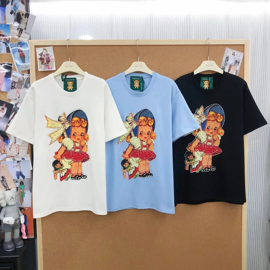 VINESU A19 - Vintage Girl & Doll Pearl & Rhinestone Embellished Cotton T-Shirt