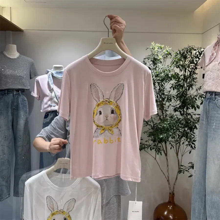 A122 -220g Cotton Tee with Hand-Beaded Bunny & Floral Hood Motif