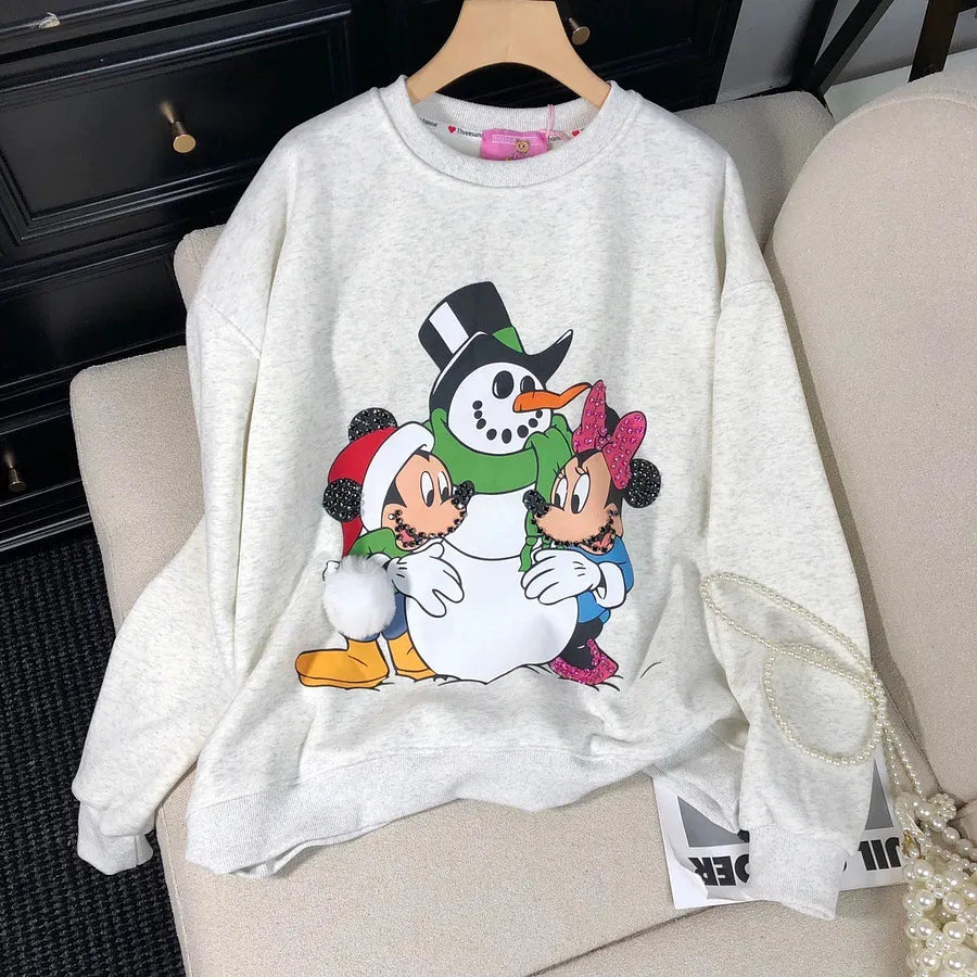 VINESU Christmas MK Cartoon Print Hand-Applied Beads Crewneck Sweatshirt