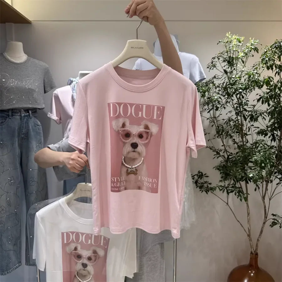 A116 - Premium 220 GSM Cotton Graphic Tee - "DOGUE" Schnauzer with Hand-Stitched Pearls & 3D Crystal Glasses