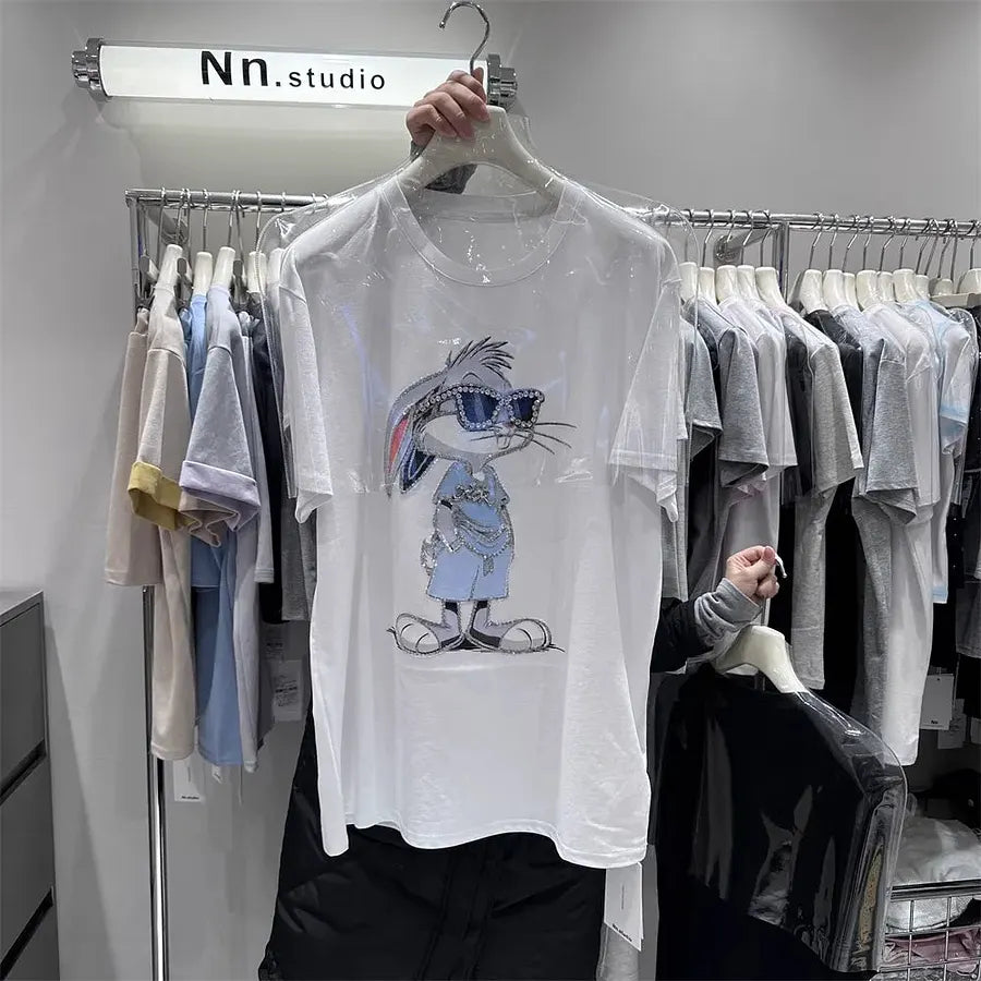 VINESU Cartoon Diamond Embellishments + Embroidered Bead Sunglasses Bunny Short-Sleeve T-Shirt