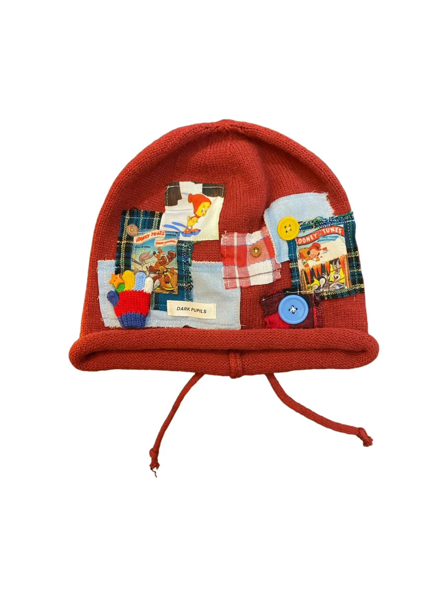Vinesu H13 - Vintage "Animated Squad" Patchwork Slouchy Beanie | Handmade Big-Head Friendly Drawstring Hat ❤ Red