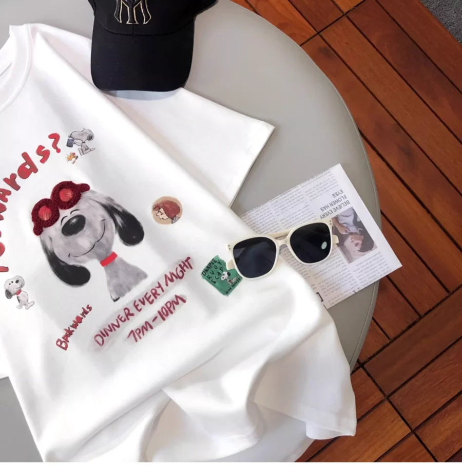A145 - Hand-Embroidered Snoopy Outline T-Shirt - 220g Premium Heavyweight Cotton