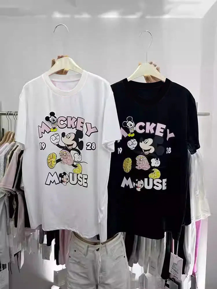 100% Cotton Mickey Mouse T-Shirt | Sequins + 3D Plush Padding + Chunky Diamond Gems