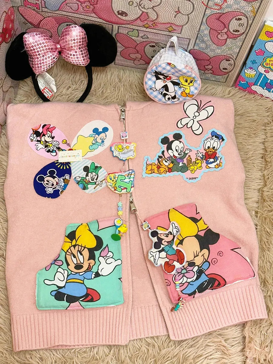 Vinesu A68 - Trendy & Cute Mickey & Minnie Knitted Hooded Cardigan - Warm Knit Sweater for Spring, Autumn, Winter