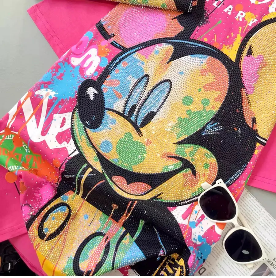 VINESU MK06 - Full Rhinestone Graffiti Mickey Oversized Cotton Tee