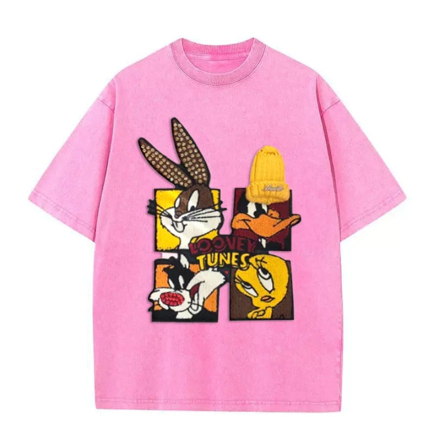 VINESU Looney Tunes - Themed Washed - Out Pink T - shirt: Retro Cartoon Vibe